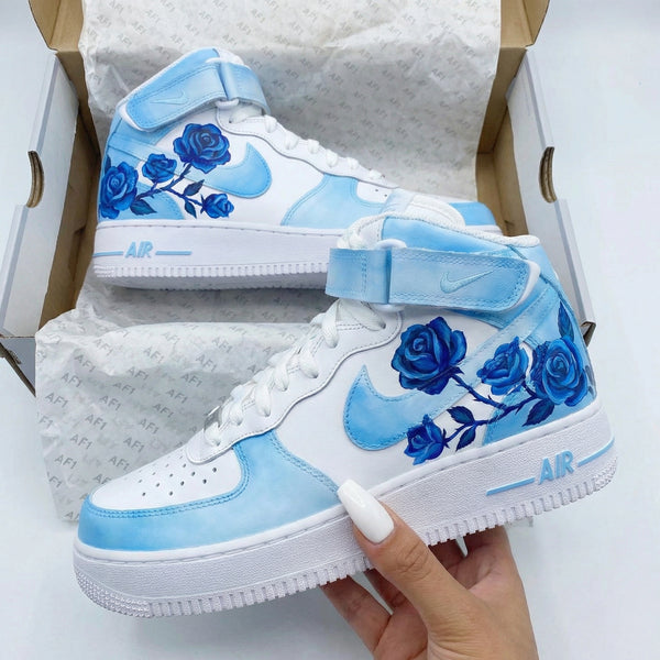 Custom AF 1s Shoes Baby Blue with Blue Roses-oicustom
