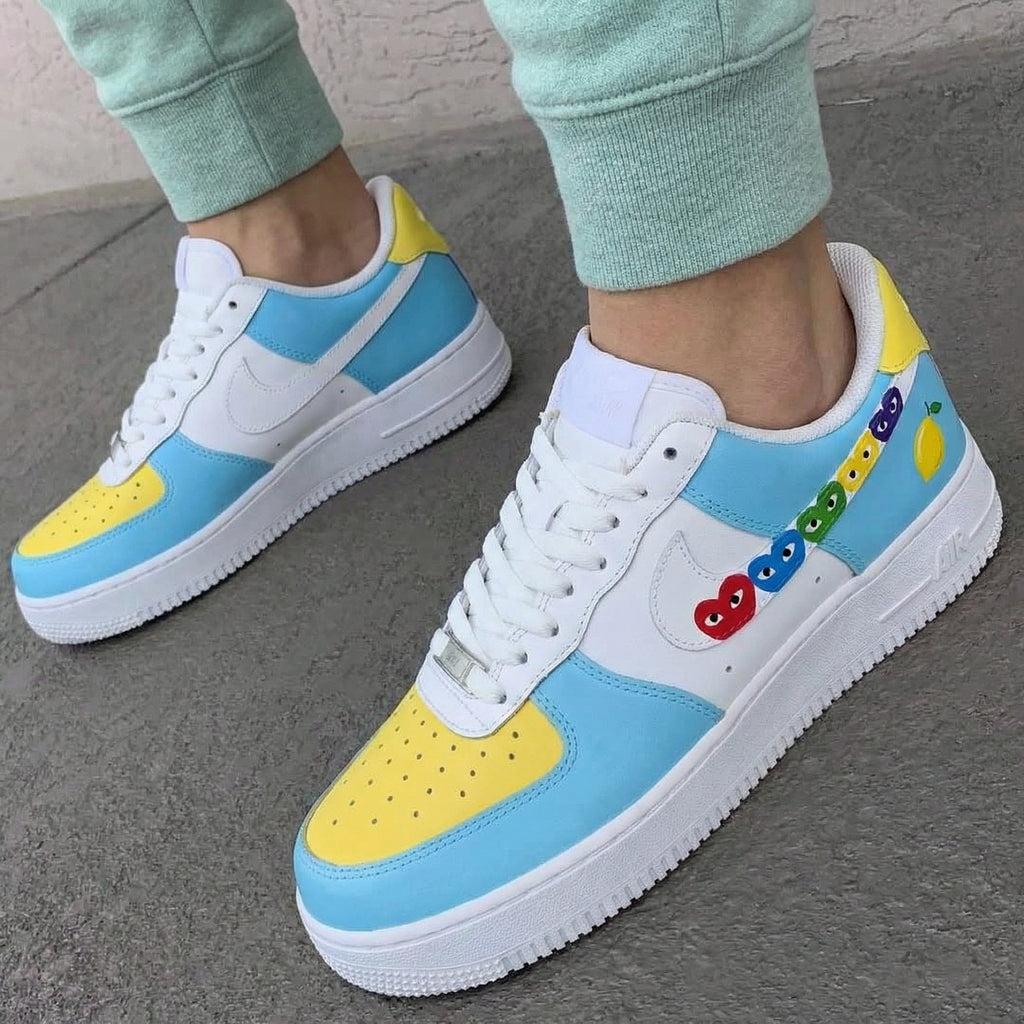 Custom AF 1s Shoes Baby Blue Yellow Heart Pattern-oicustom