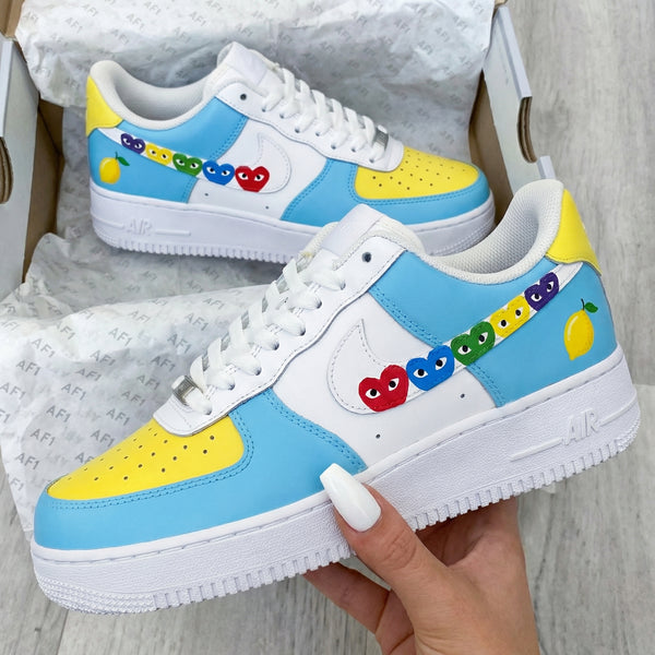 Custom AF 1s Shoes Baby Blue Yellow Heart Pattern-oicustom