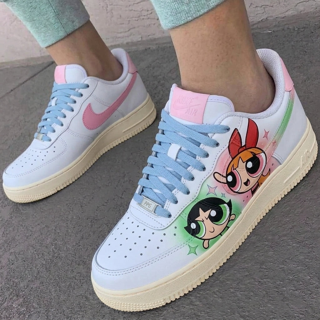 Custom AF 1s Shoes Baby Pink Baby Blue Green Powerpuff Girls Cartoon-oicustom