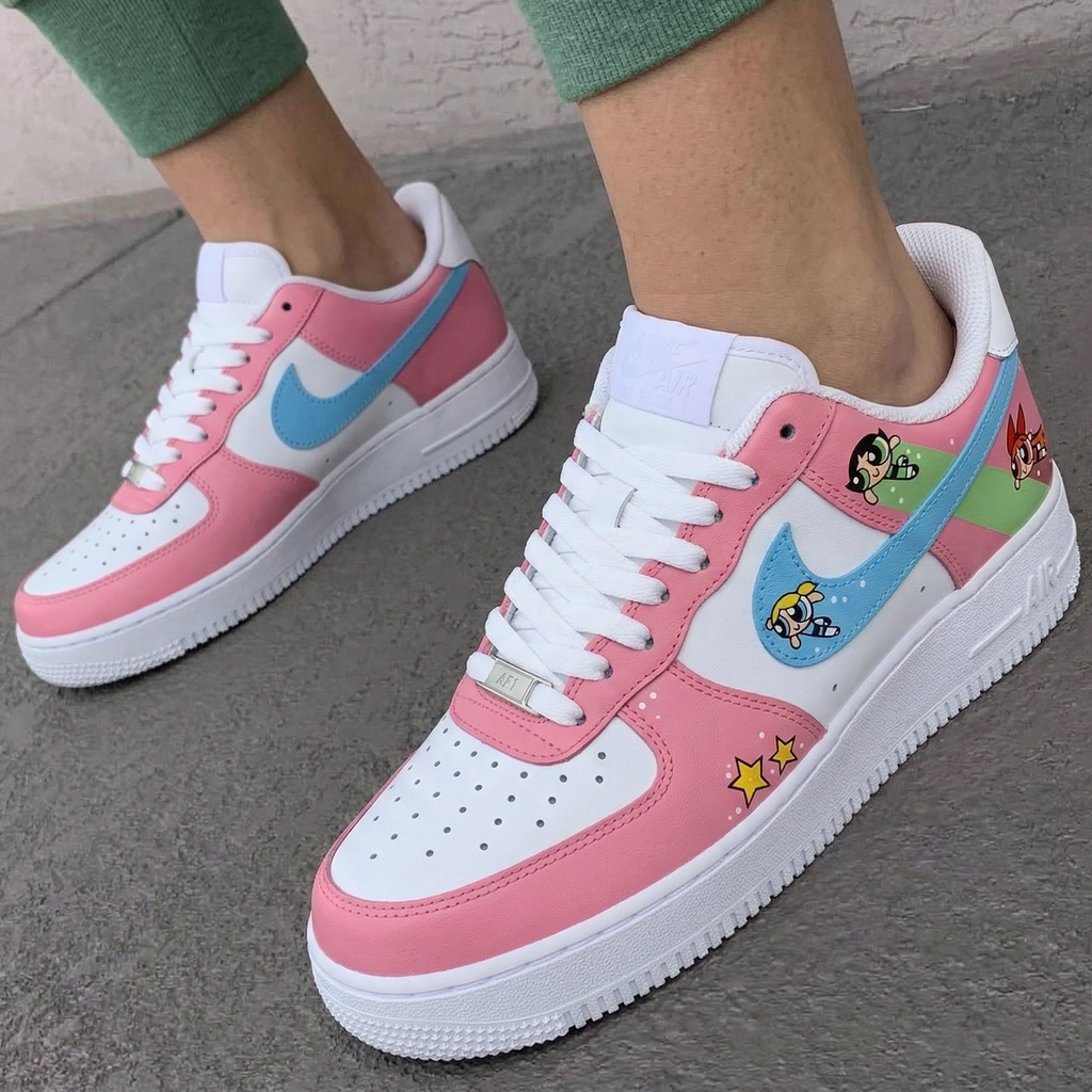 Custom AF 1s Shoes Baby Pink Baby Blue Powerpuff Girls Stars-oicustom