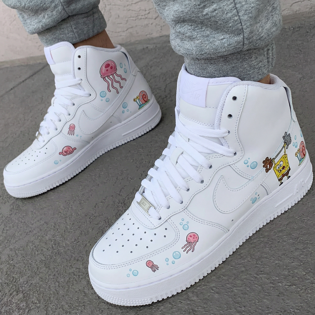 Custom AF 1s Shoes Baby Pink Baby Blue SpongeBob Jellyfishes Snail Bubbles-oicustom