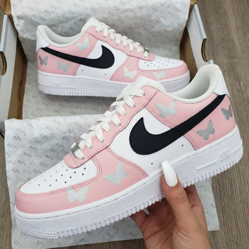 Custom AF 1s Shoes Baby Pink Black Butterflies-oicustom