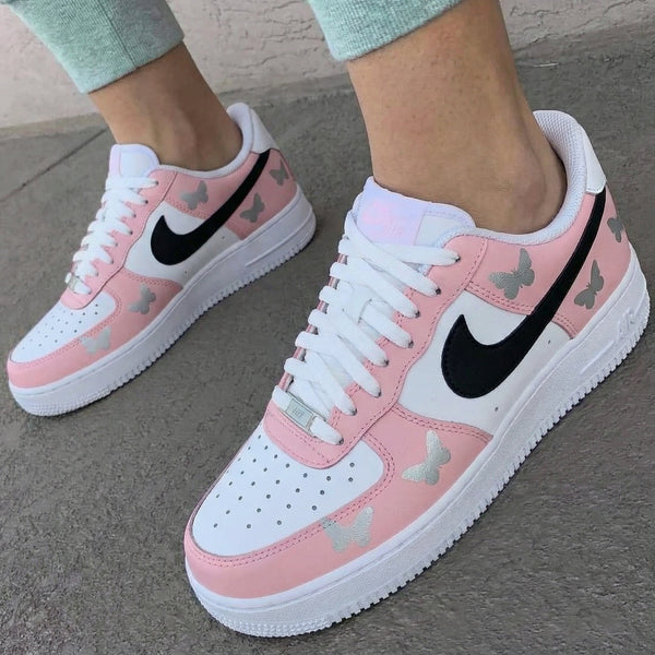 Custom AF 1s Shoes Baby Pink Black Butterflies-oicustom