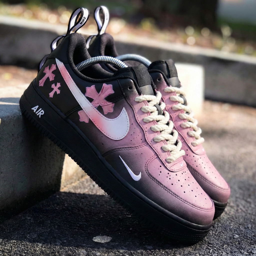 Custom AF 1s Shoes Baby Pink Black Cross Pattern-oicustom