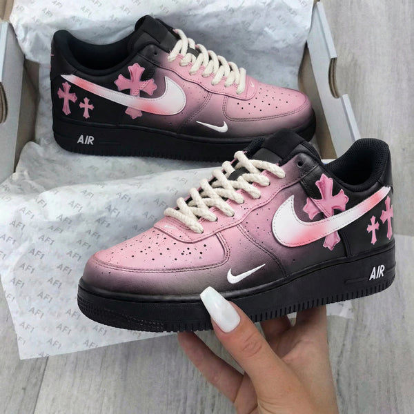 Custom AF 1s Shoes Baby Pink Black Cross Pattern-oicustom