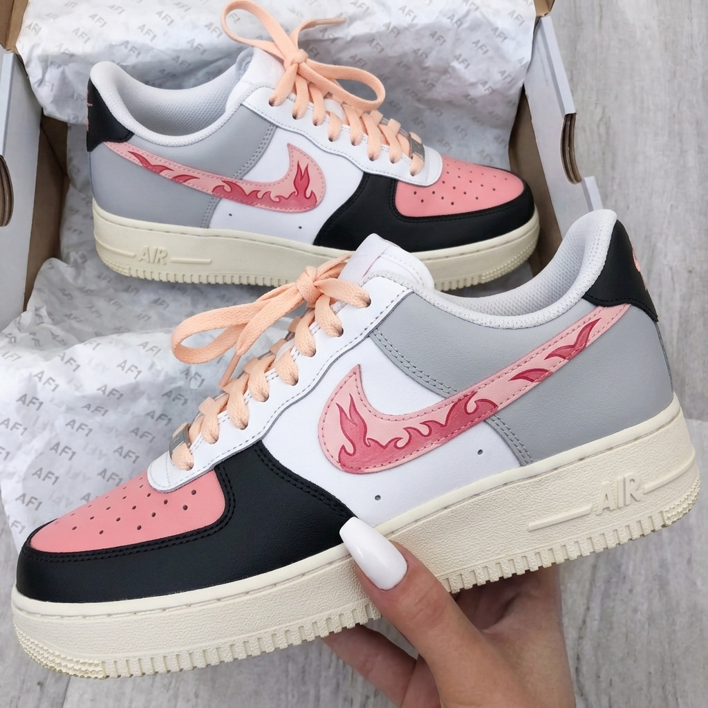 Custom AF 1s Shoes Baby Pink Black Flame Swoosh-oicustom