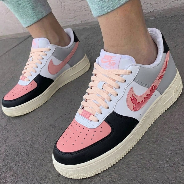Custom AF 1s Shoes Baby Pink Black Flame Swoosh-oicustom