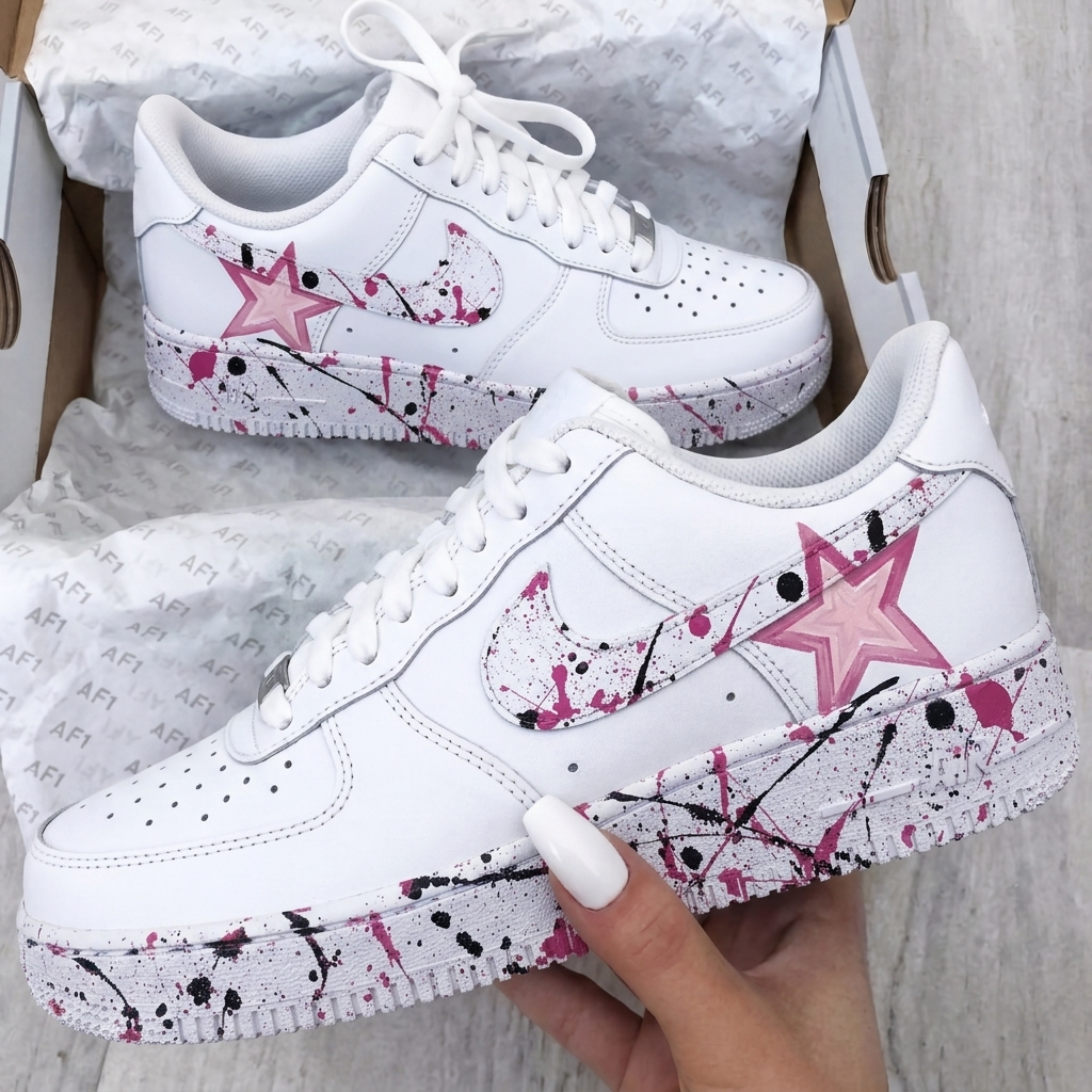 Custom AF 1s Shoes Baby Pink Black Splatter Star-oicustom