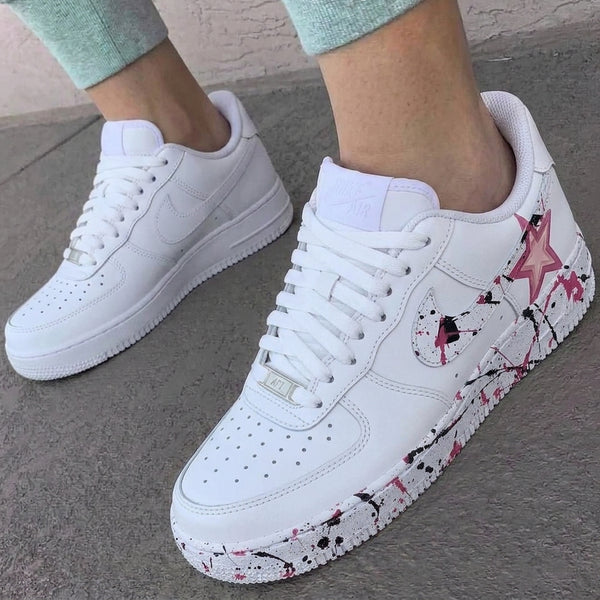 Custom AF 1s Shoes Baby Pink Black Splatter Star-oicustom
