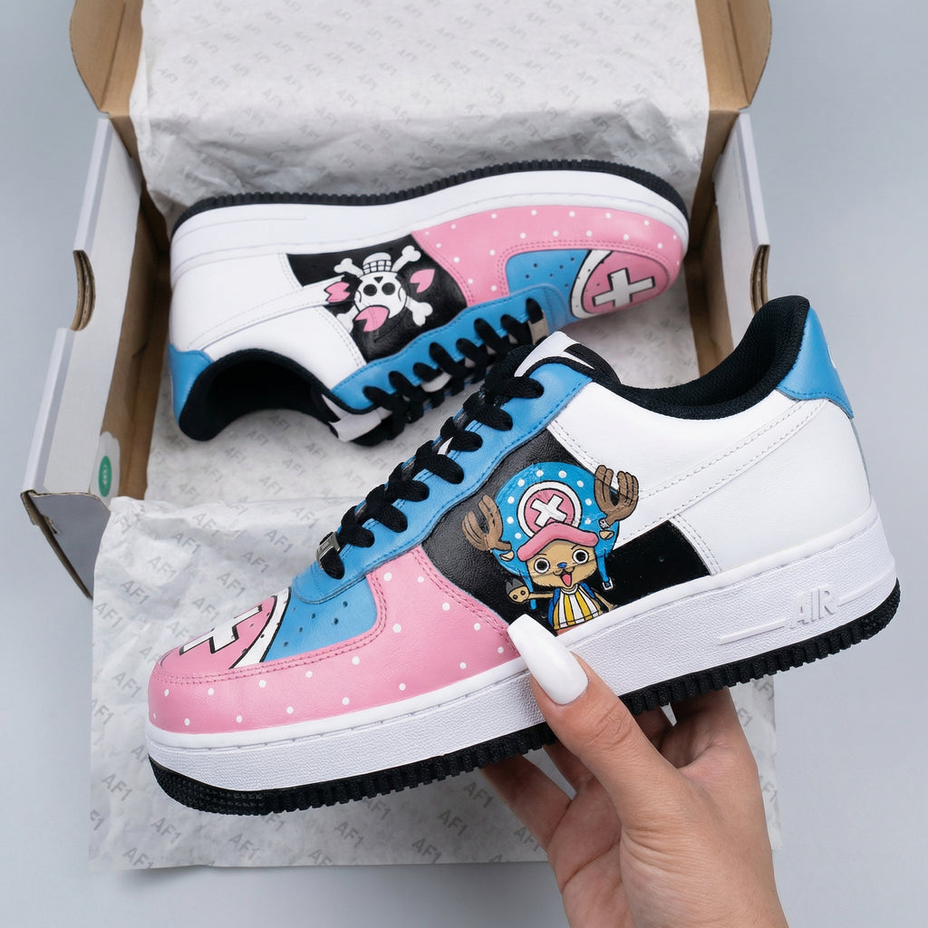 Custom AF 1s Shoes Baby Pink Blue Black One Piece Chopper Skull Pattern-oicustom