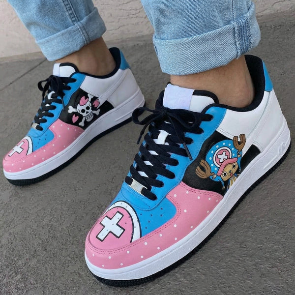 Custom AF 1s Shoes Baby Pink Blue Black One Piece Chopper Skull Pattern-oicustom