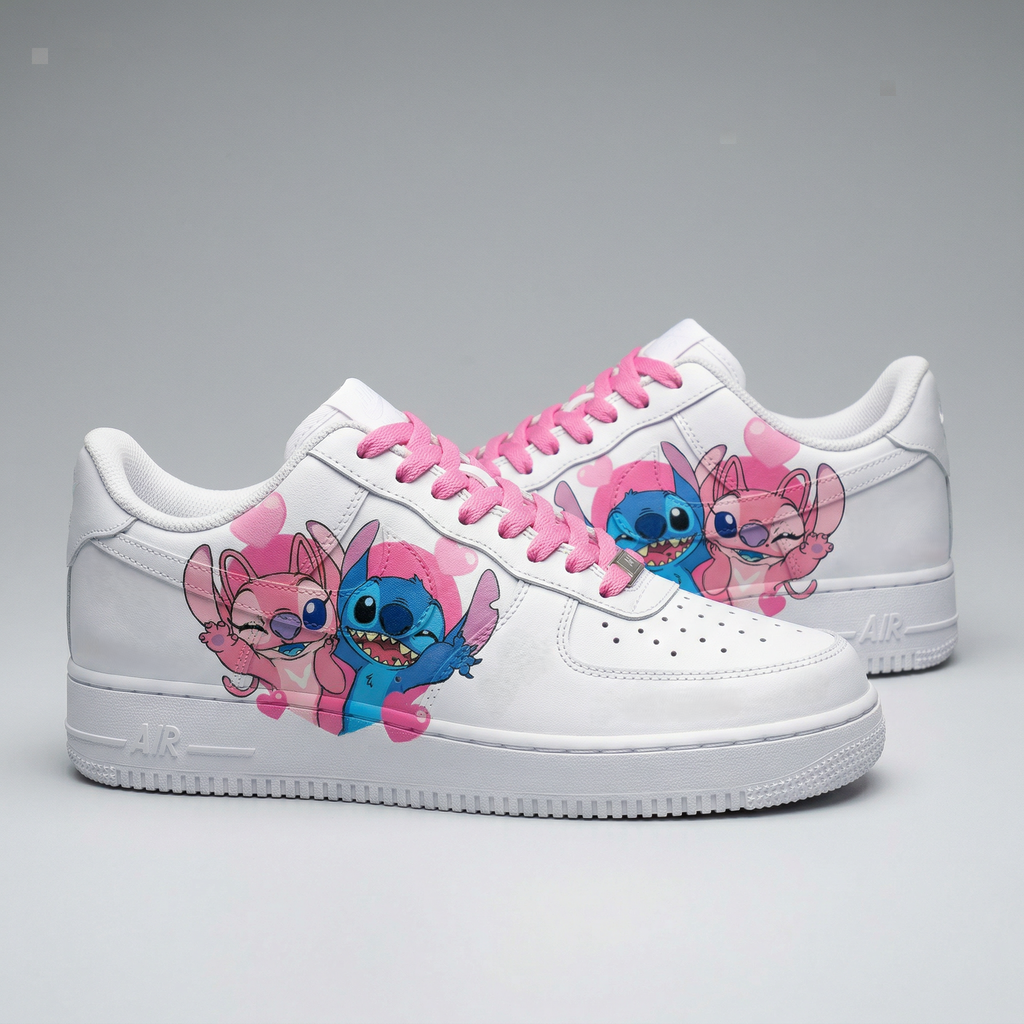 Custom AF 1s Shoes Baby Pink Blue Stitch Angel Cartoon for Valentine's Day-oicustom