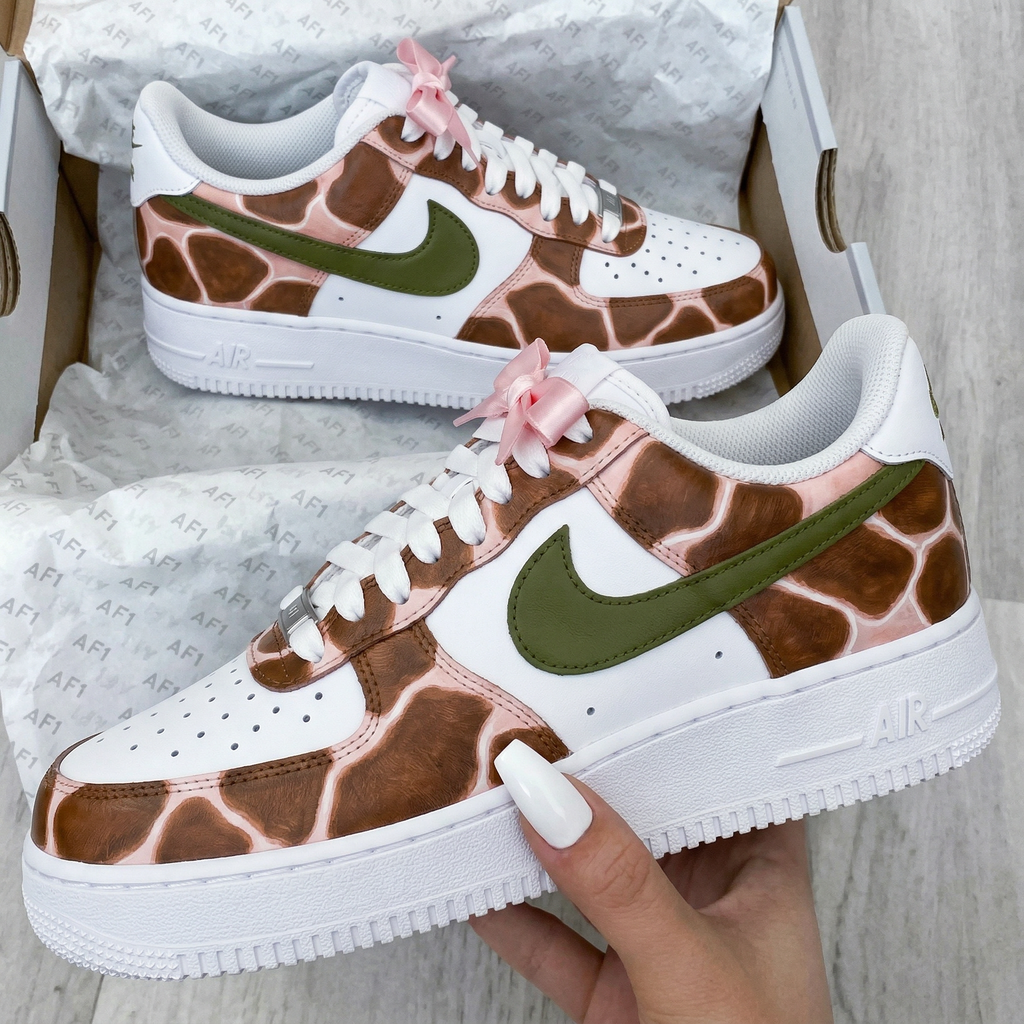 Custom AF 1s Shoes Baby Pink Brown Green Giraffe Pink Bows-oicustom