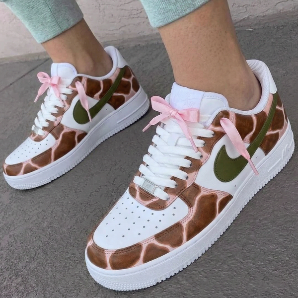 Custom AF 1s Shoes Baby Pink Brown Green Giraffe Pink Bows-oicustom