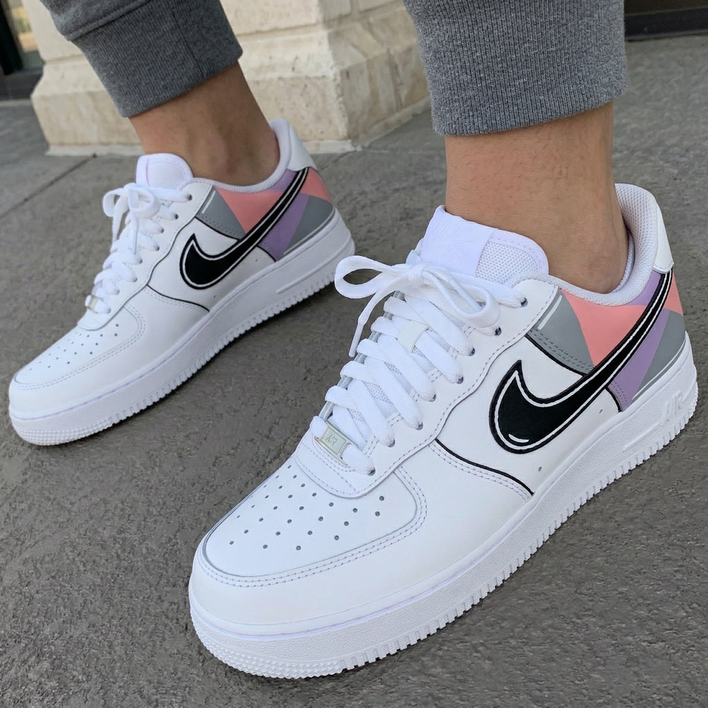 Custom AF 1s Shoes Baby Pink Gray Purple Geometric Pattern-oicustom