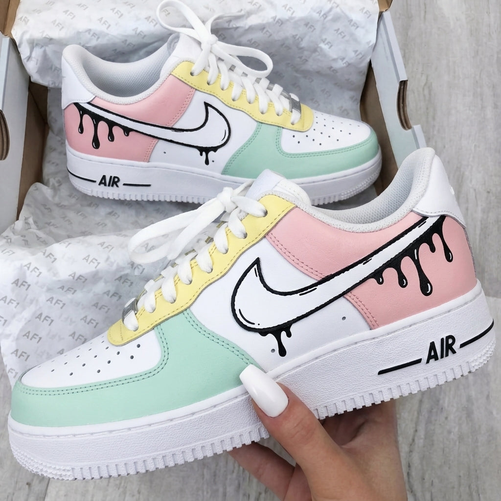 Custom AF 1s Shoes Baby Pink Mint Green Drip Design-oicustom
