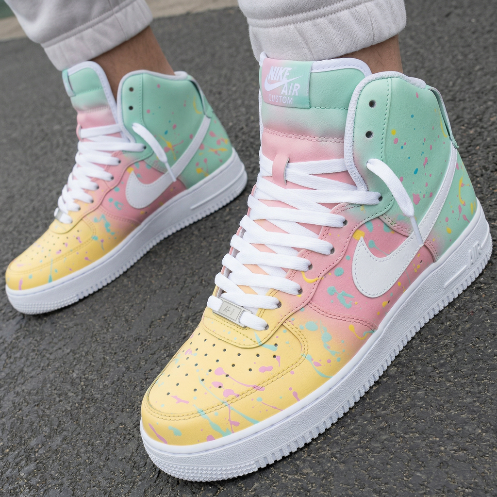 Custom AF 1s Shoes Baby Pink Mint Green Yellow Paint Splatter-oicustom
