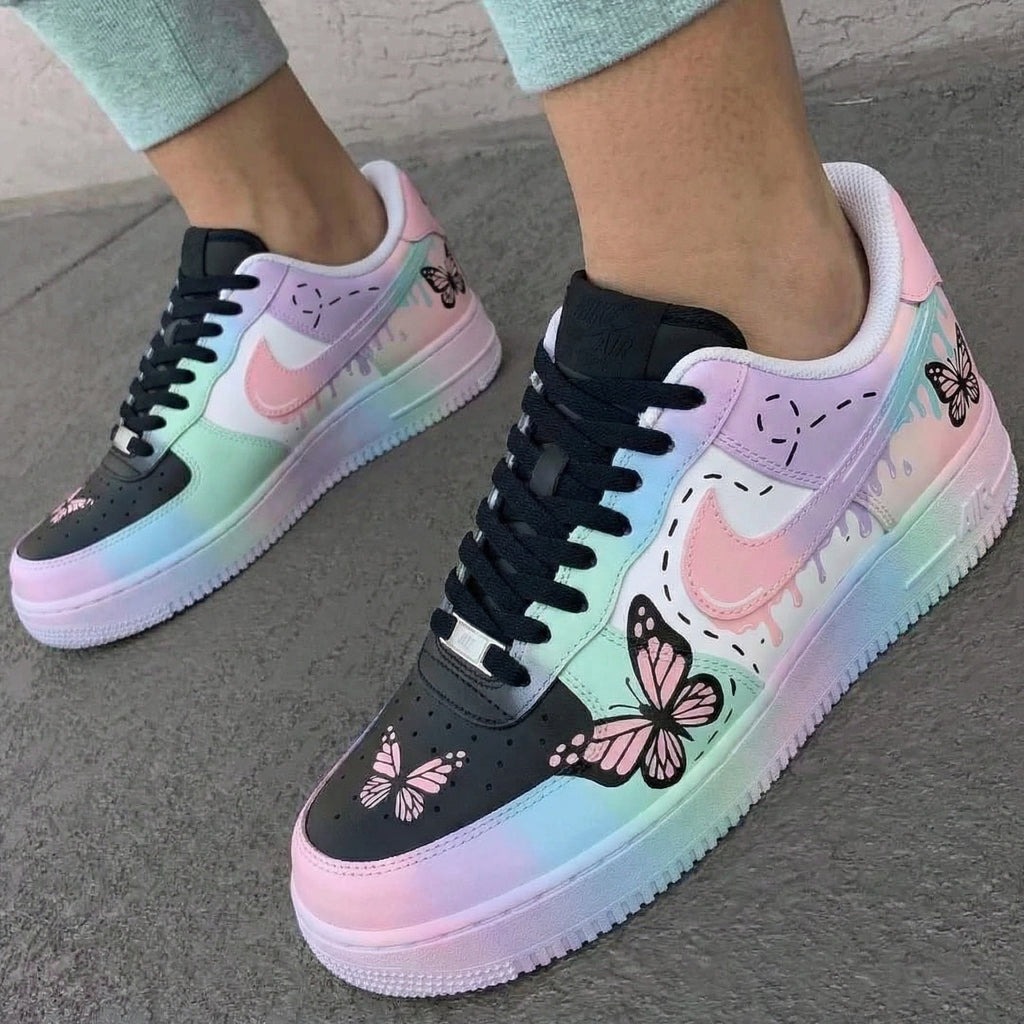 Custom AF 1s Shoes Baby Pink Mint with Butterflies-oicustom