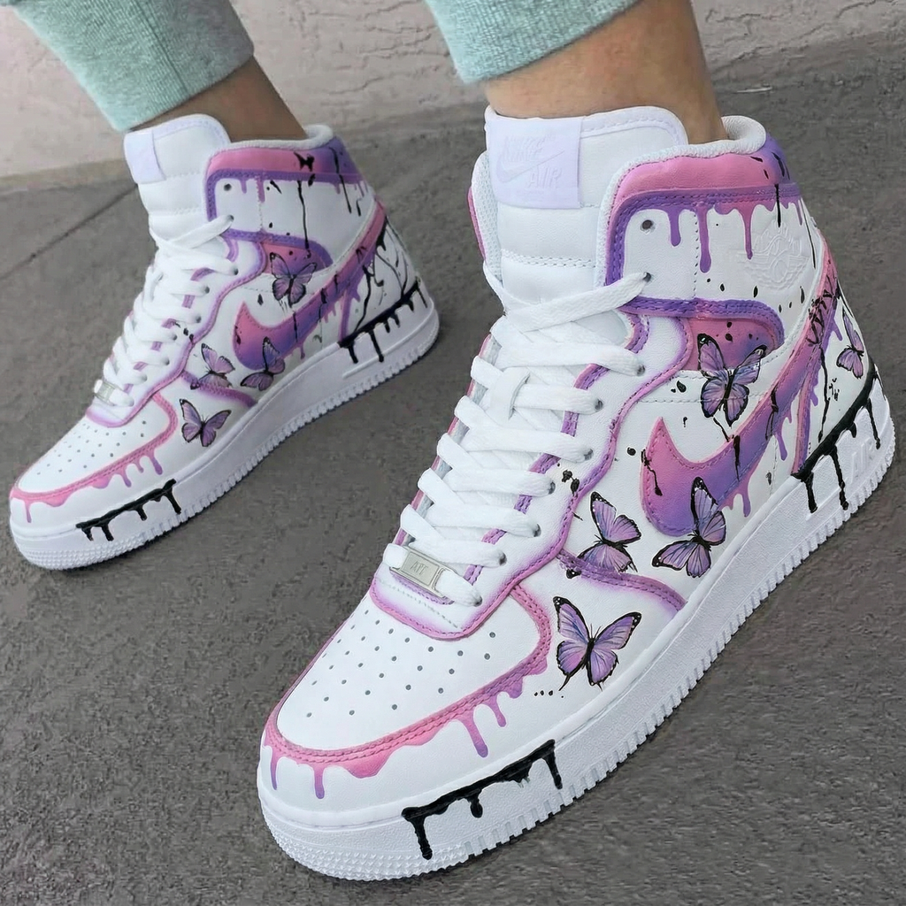Custom AF 1s Shoes Baby Pink Purple Butterflies Drip Design-oicustom