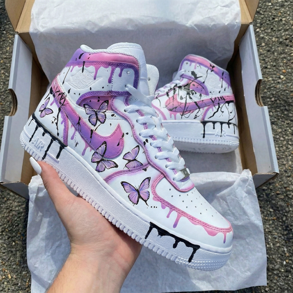 Custom AF 1s Shoes Baby Pink Purple Butterflies Drip Design-oicustom