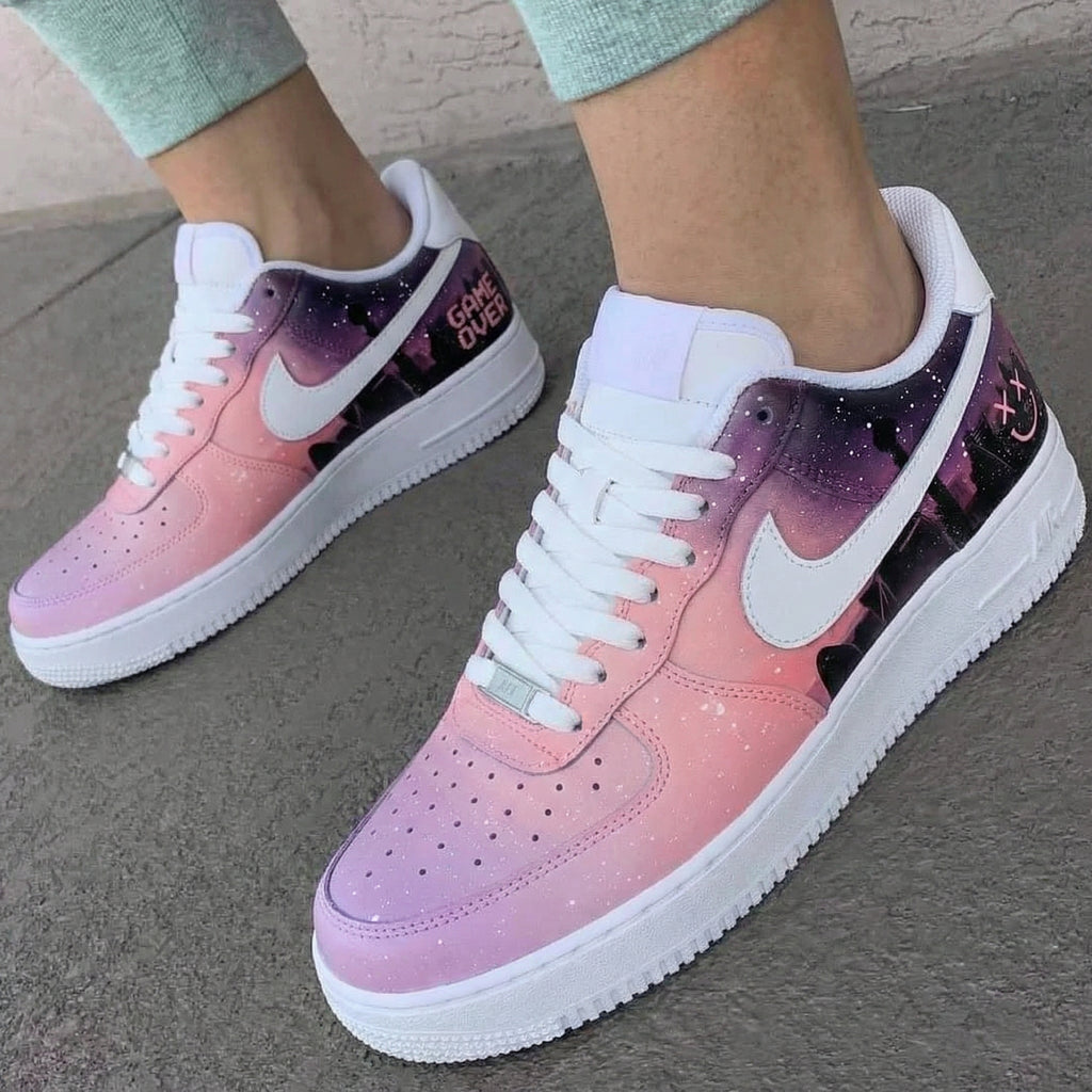 Custom AF 1s Shoes Baby Pink Purple Cityscape Design-oicustom