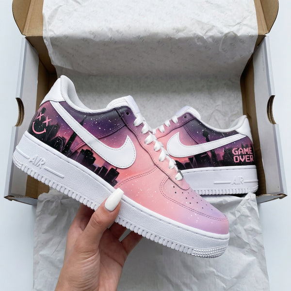 Custom AF 1s Shoes Baby Pink Purple Cityscape Design-oicustom