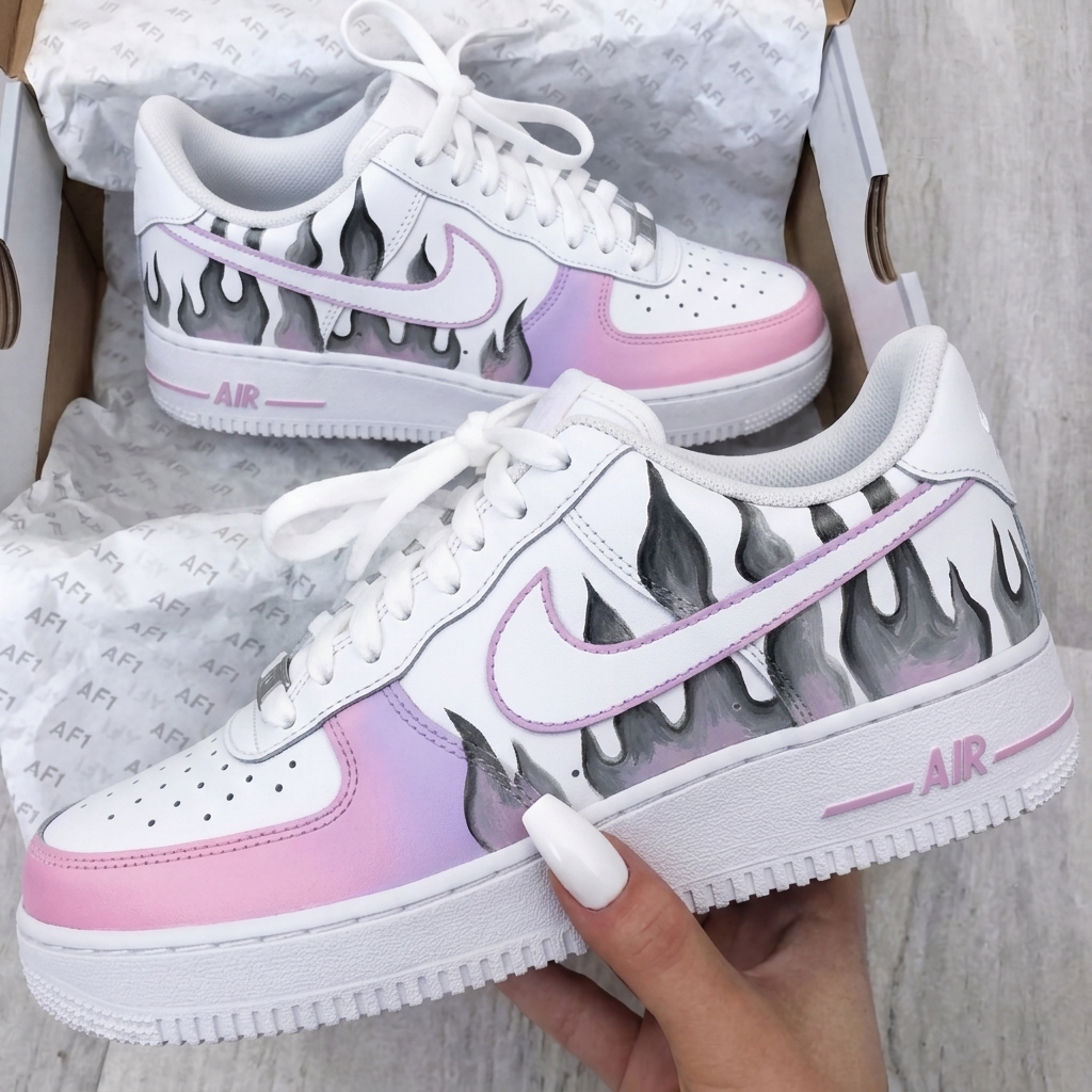 Custom AF 1s Shoes Baby Pink Purple Grey Flame-oicustom