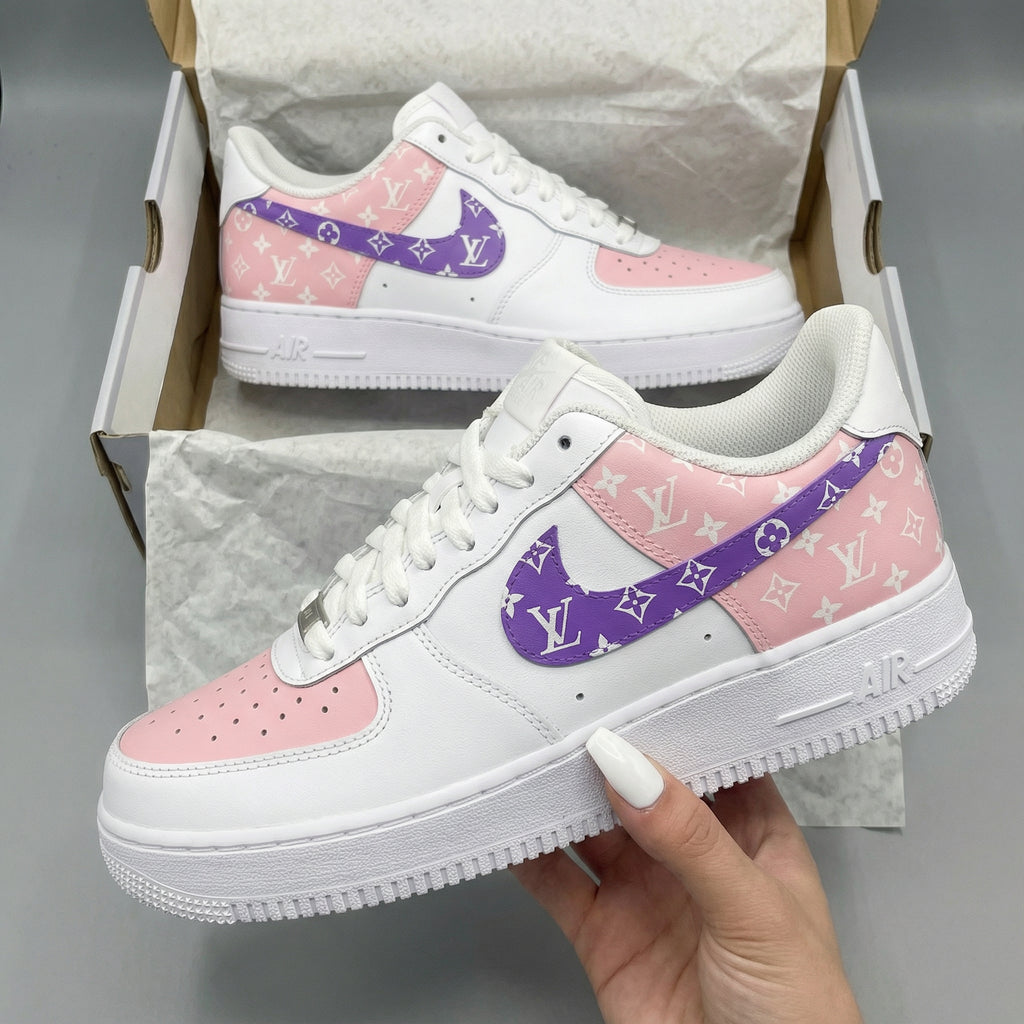 Custom AF 1s Shoes Baby Pink Purple LV Logo-oicustom