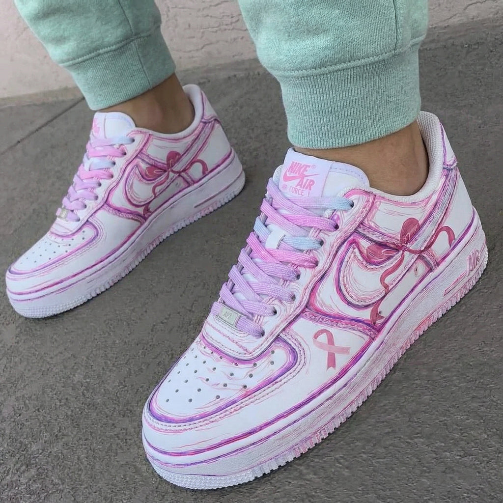 Custom AF 1s Shoes Baby Pink Purple Ribbon Design-oicustom