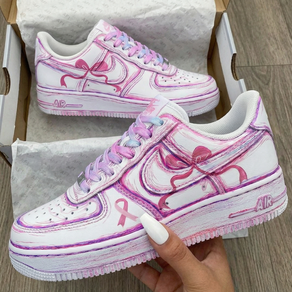 Custom AF 1s Shoes Baby Pink Purple Ribbon Design-oicustom