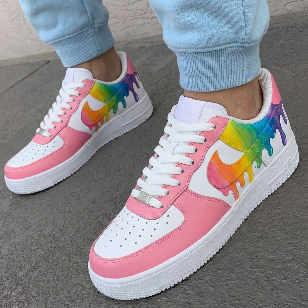 Custom AF 1s Shoes Baby Pink Rainbow Drip Design-oicustom