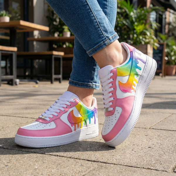 Custom AF 1s Shoes Baby Pink Rainbow Drip Design-oicustom