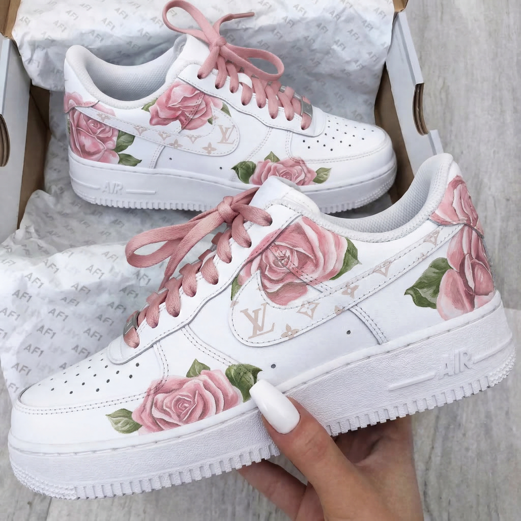 Custom AF 1s Shoes Baby Pink Roses LV Logo-oicustom