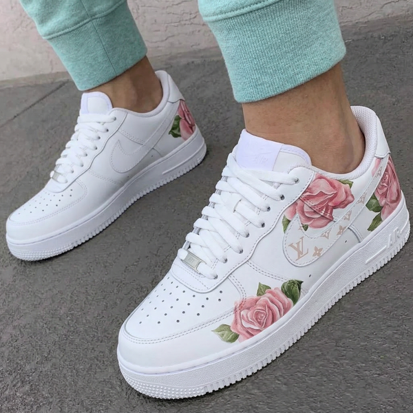Custom AF 1s Shoes Baby Pink Roses LV Logo-oicustom