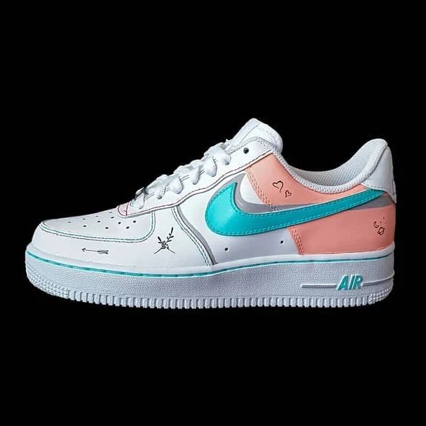 Custom AF 1s Shoes Baby Pink Teal with Heart and Nautical Motifs-oicustom