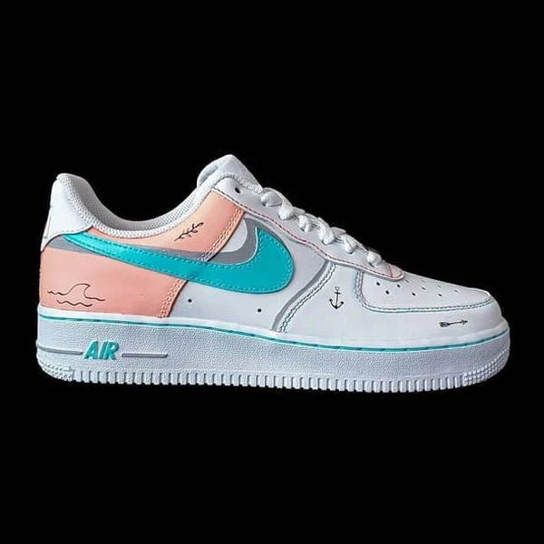 Custom AF 1s Shoes Baby Pink Teal with Heart and Nautical Motifs-oicustom
