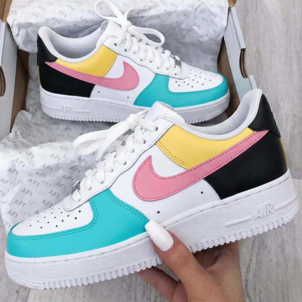 Custom AF 1s Shoes Baby Pink Teal Yellow Black Color Block-oicustom