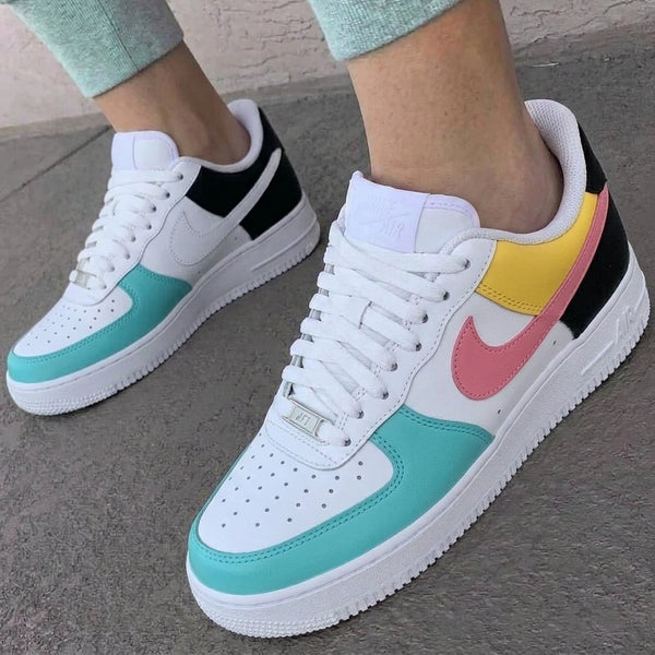 Custom AF 1s Shoes Baby Pink Teal Yellow Black Color Block-oicustom