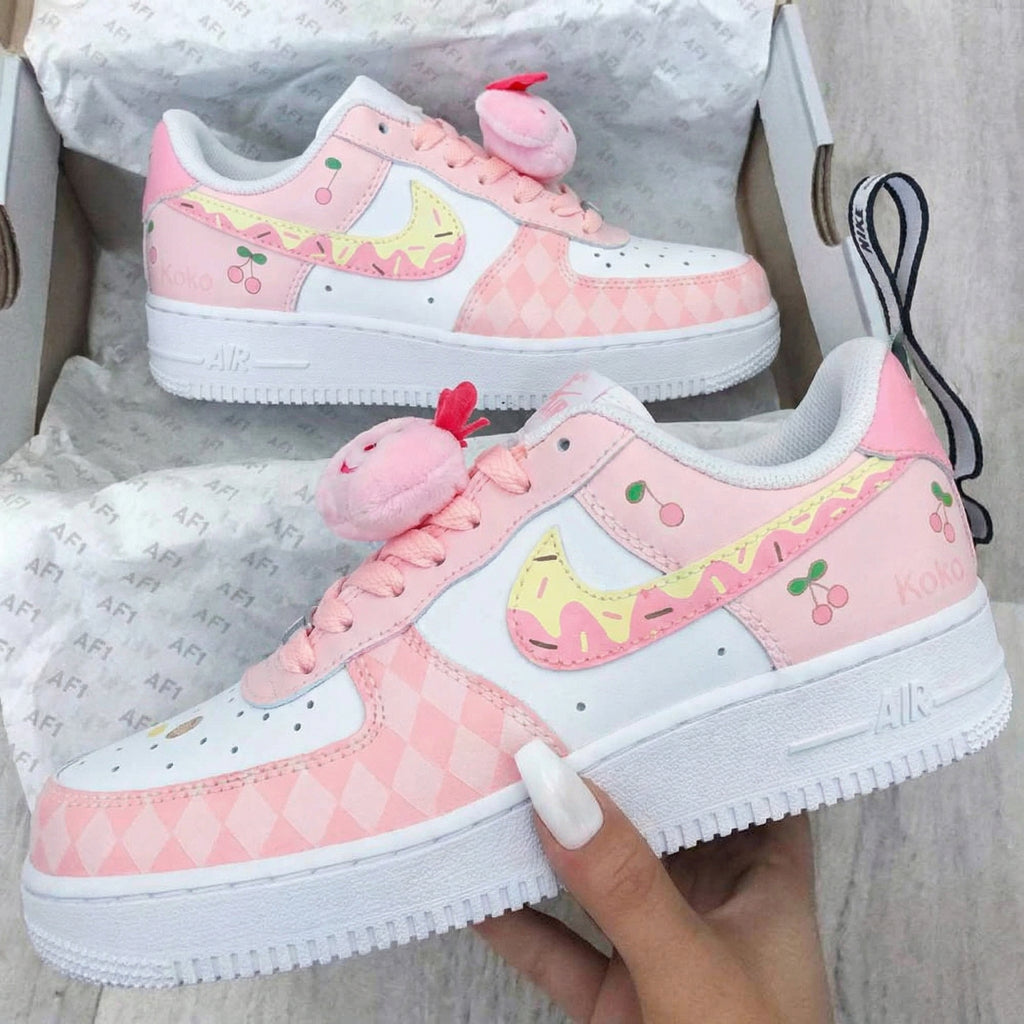 Custom AF 1s Shoes Baby Pink White Cherry Pattern-oicustom
