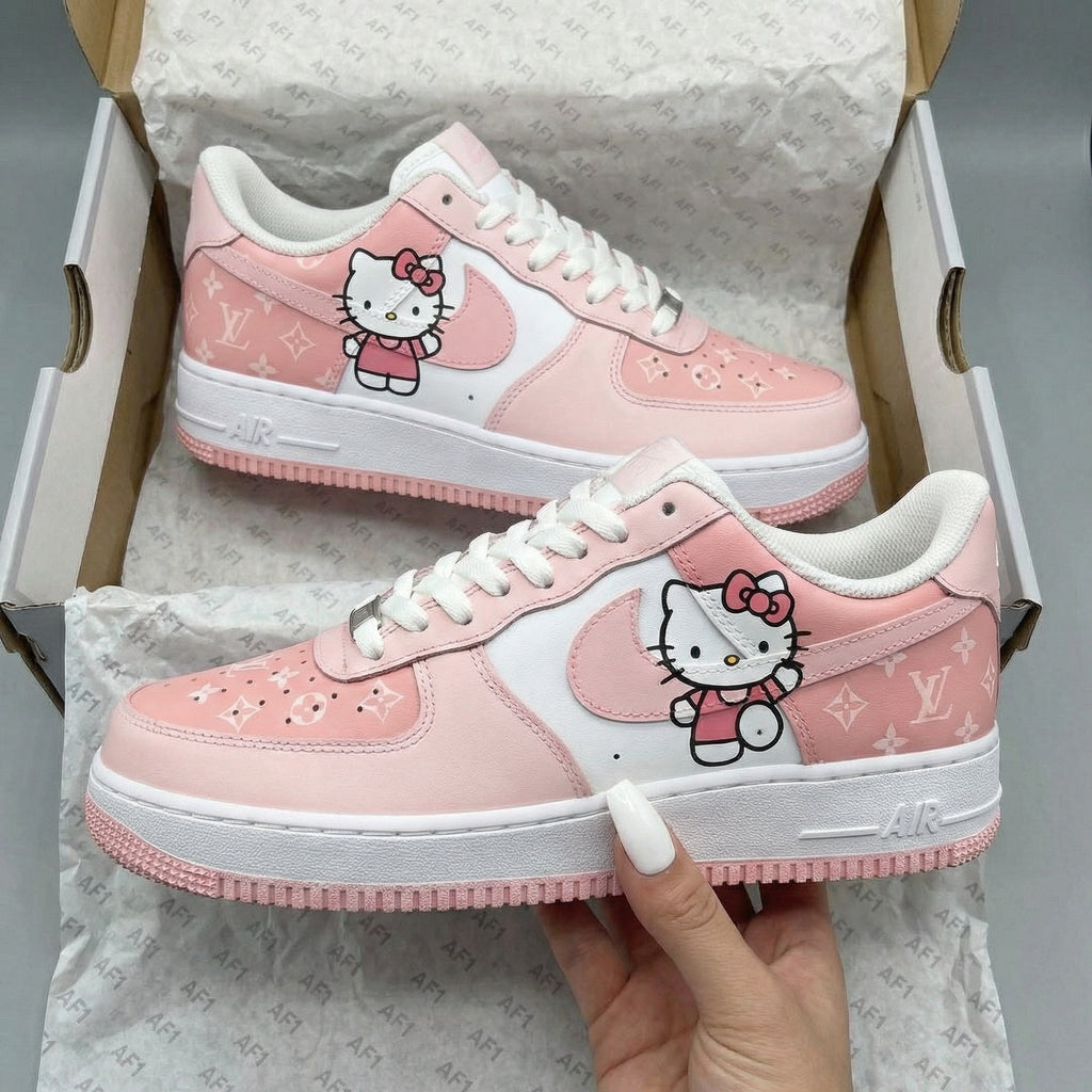 Custom AF 1s Shoes Baby Pink White Hello Kitty LV Logo-oicustom
