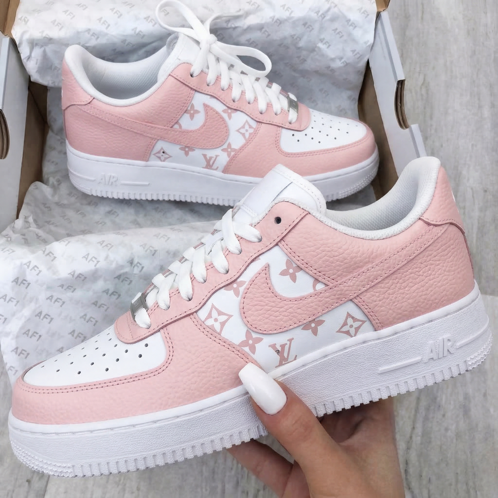 Custom AF 1s Shoes Baby Pink White LV Pattern-oicustom