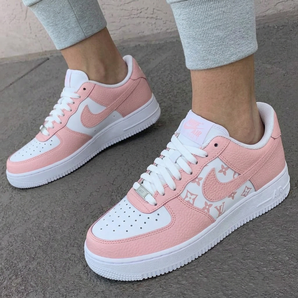 Custom AF 1s Shoes Baby Pink White LV Pattern-oicustom