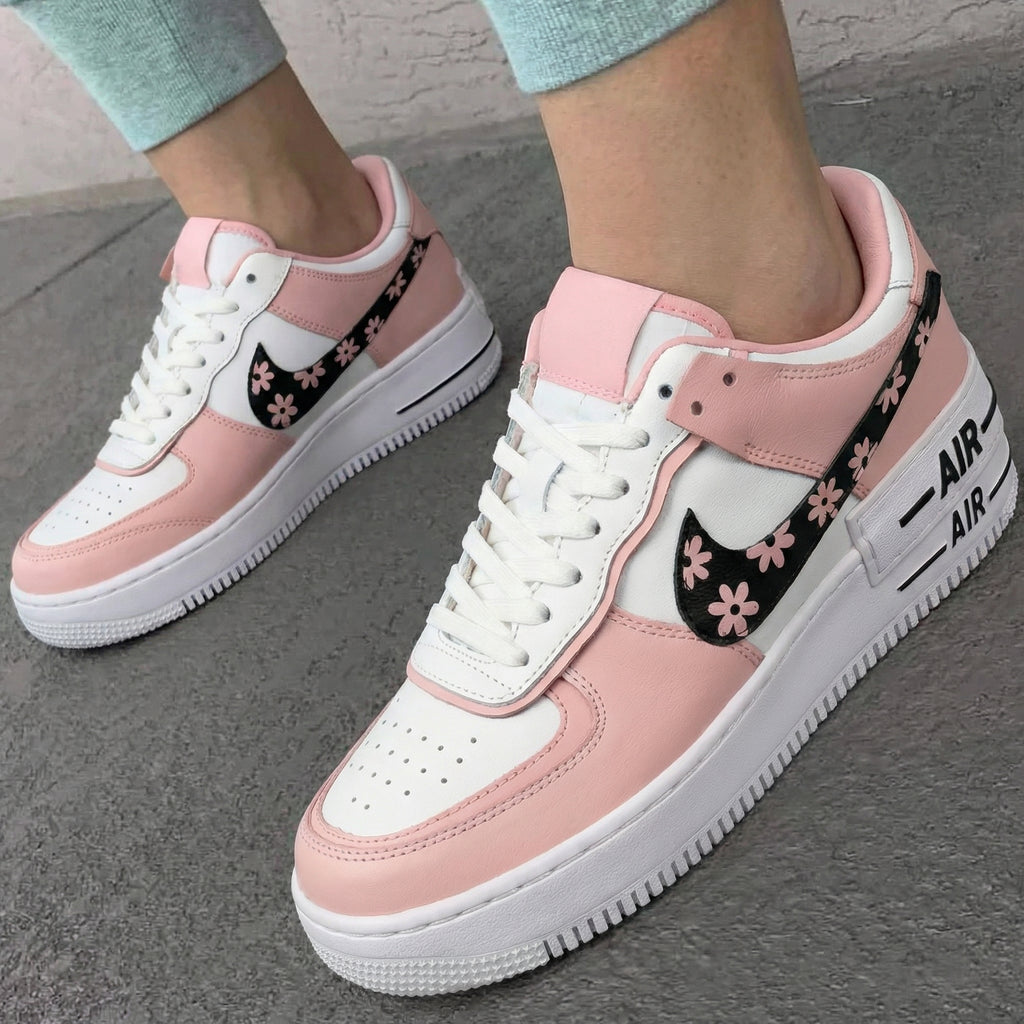 Custom AF 1s Shoes Baby Pink White with Flower Pattern-oicustom