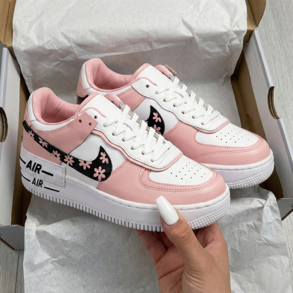 Custom AF 1s Shoes Baby Pink White with Flower Pattern-oicustom