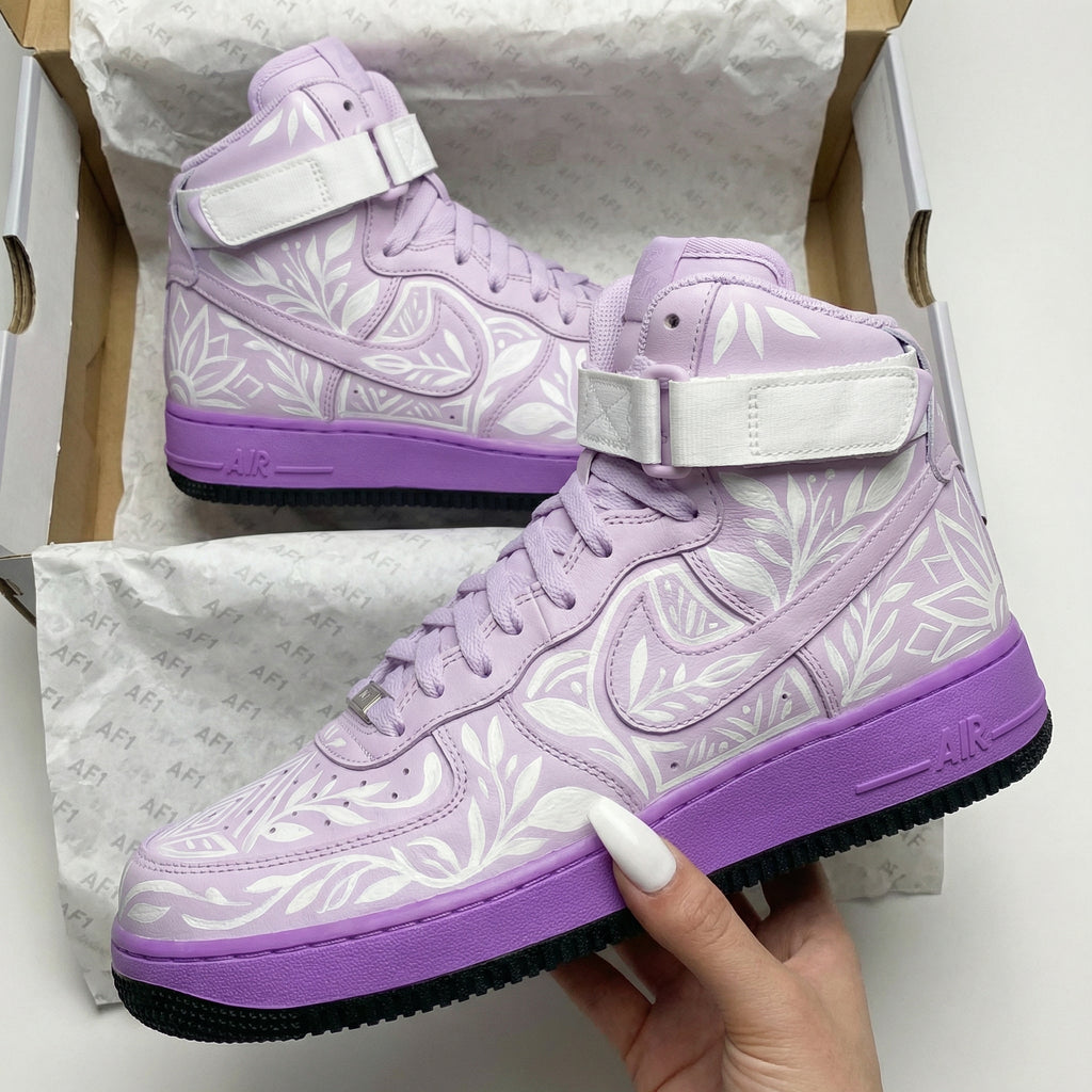Custom AF 1s Shoes Baby Purple with White Floral Pattern-oicustom