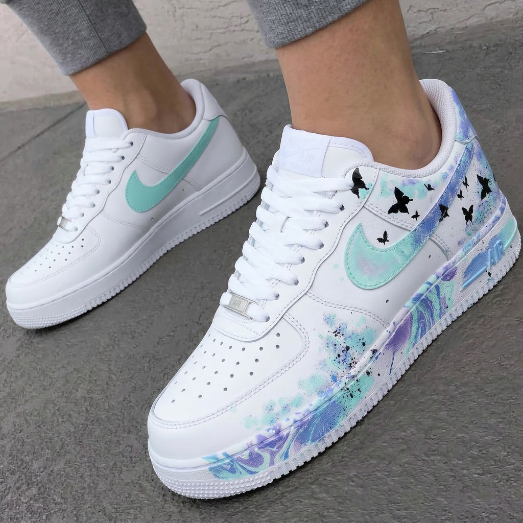 Custom AF 1s Shoes Baby Teal Blue Purple Watercolor Black Butterflies-oicustom