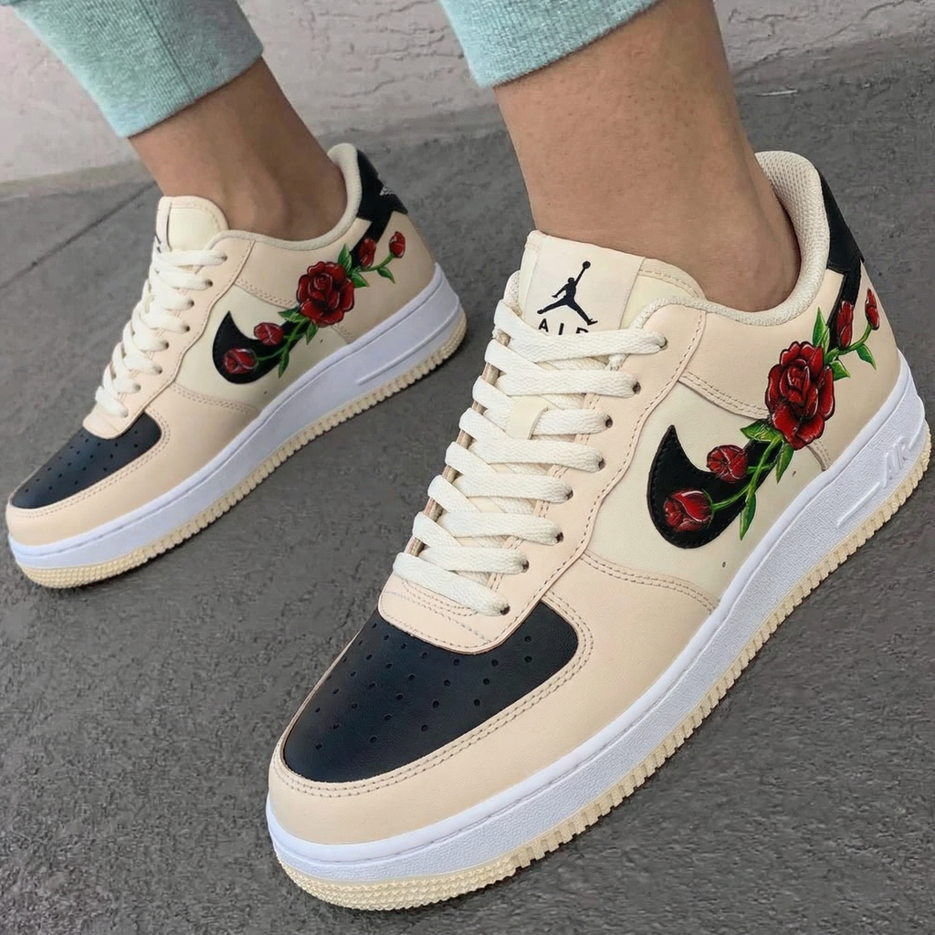 Custom AF 1s Shoes Beige Black Rose Design-oicustom