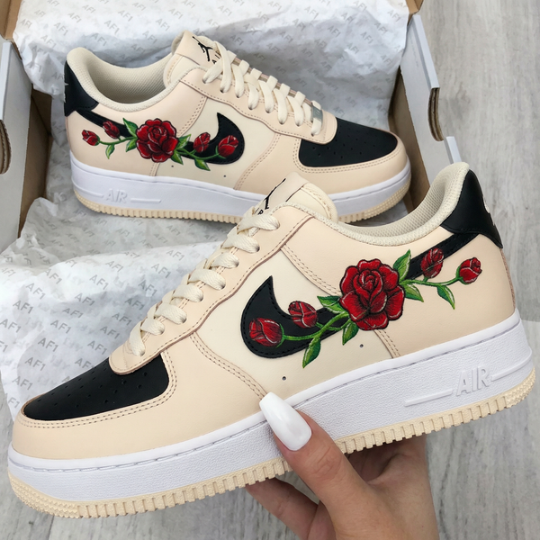 Custom AF 1s Shoes Beige Black Rose Design-oicustom