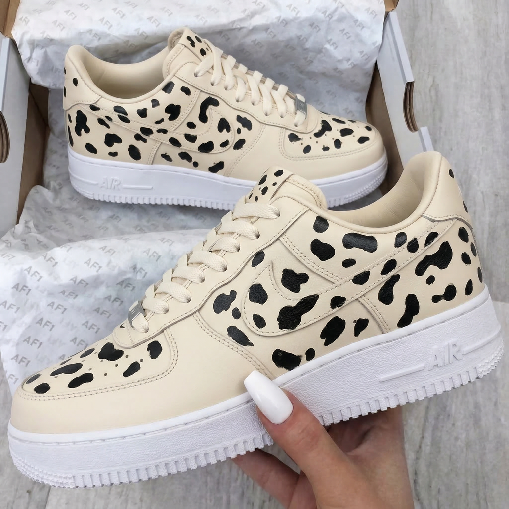 Custom AF 1s Shoes Beige Black Spots-oicustom